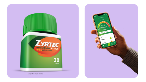 Frasco e aplicativo Zyrtec
